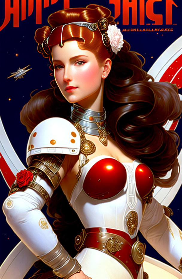 Futuristic female character in white and red armor with sci-fi hair and headpiece, set in