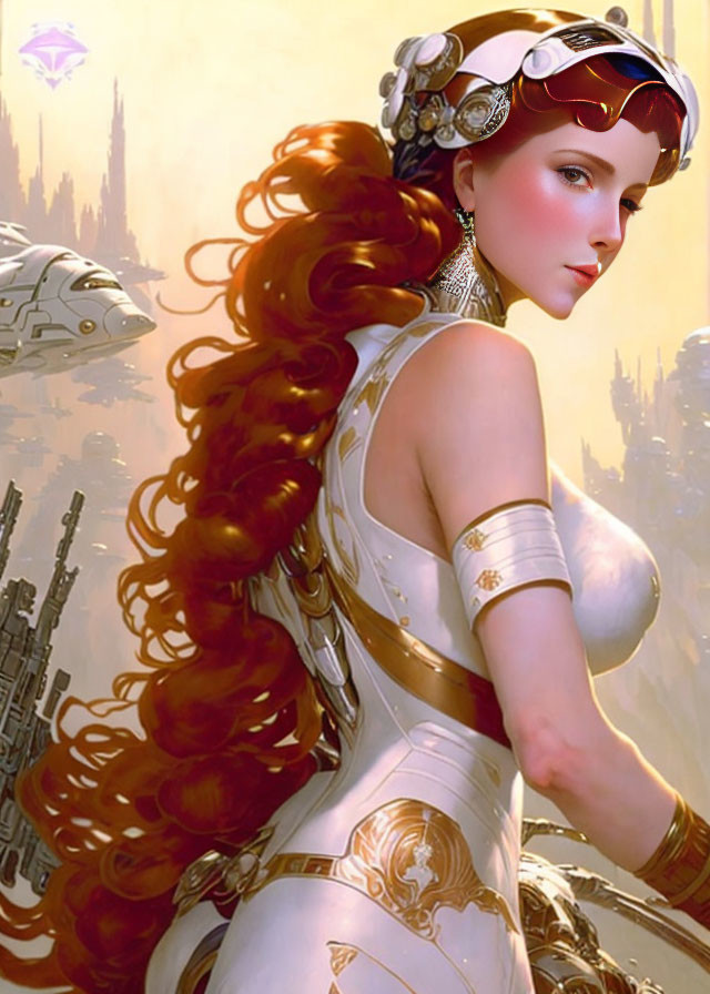 Futuristic warrior woman in white armor with red hair before sci-fi cityscape