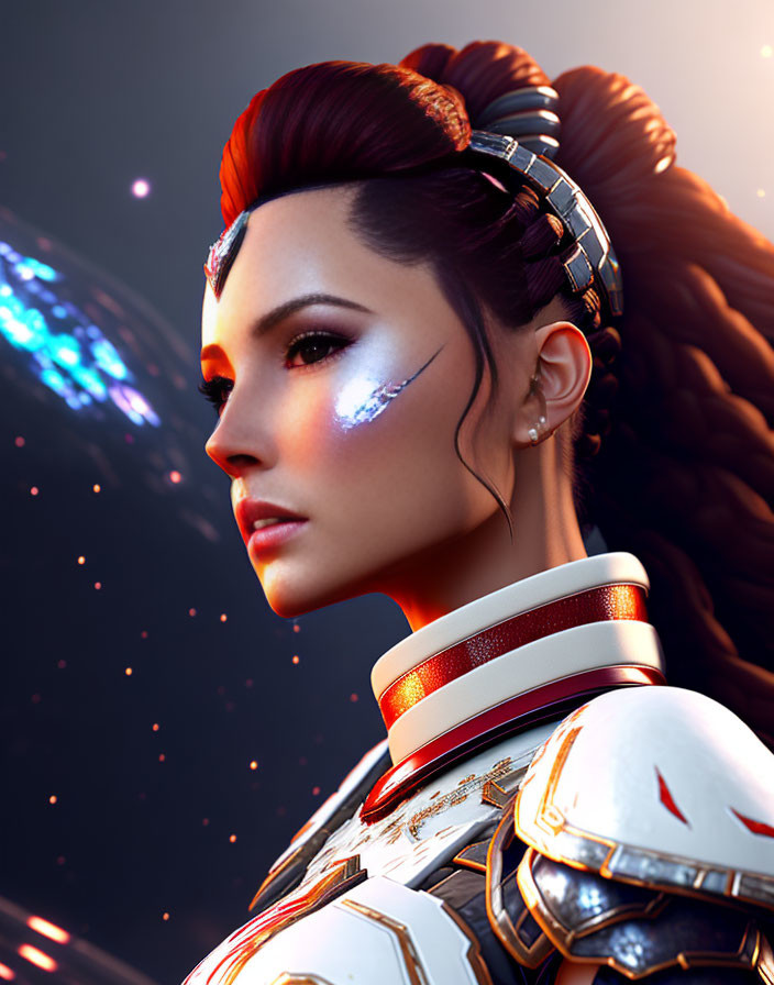 Futuristic woman in armor with cosmic backdrop