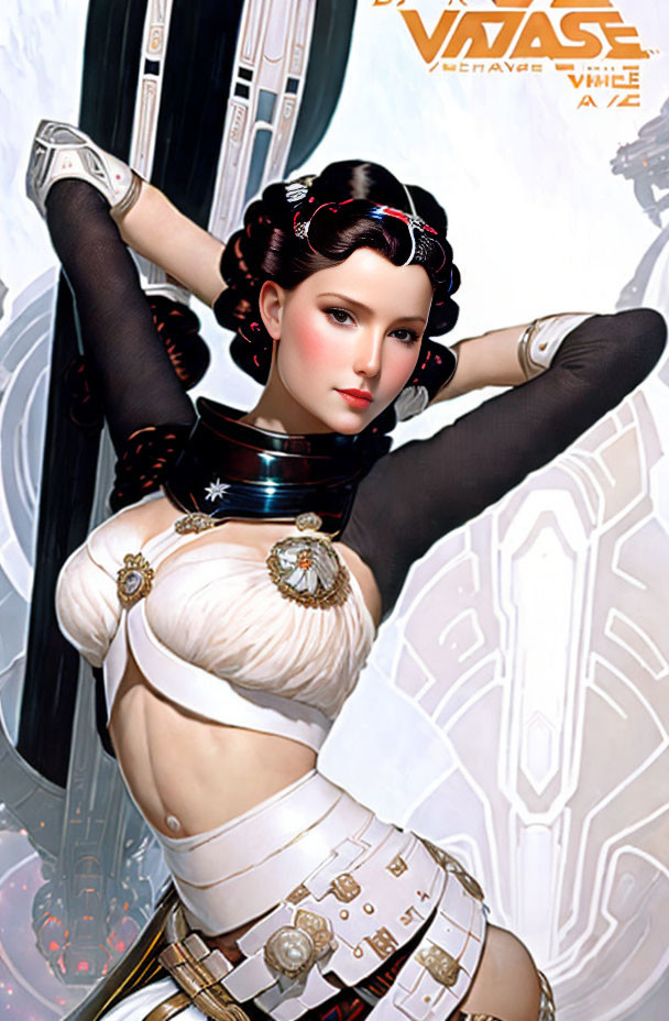 Stylized female character in futuristic white attire with dark hair in buns against sci-fi backdrop