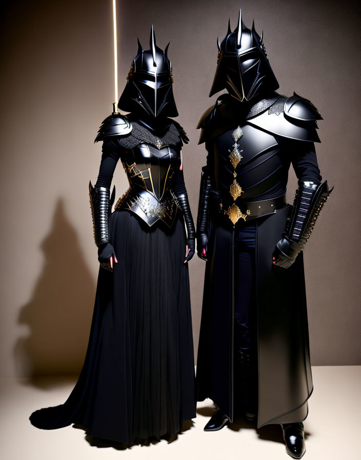 Two individuals in intricate fantasy knight armor with ornate helmets.