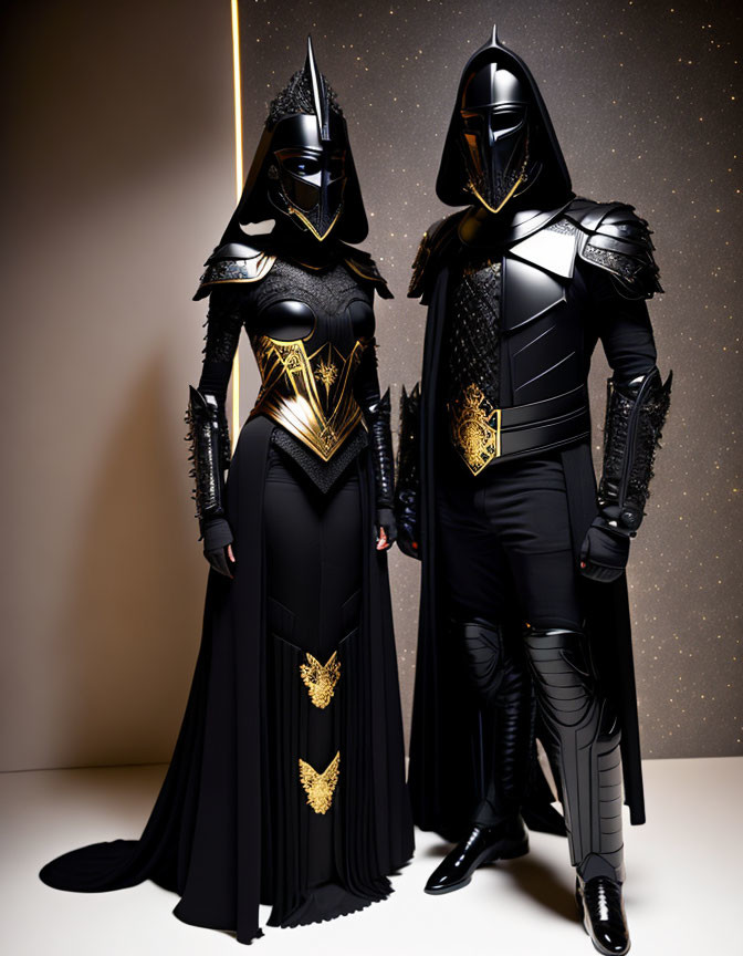 Futuristic black and gold armored duo, one feminine and one masculine.