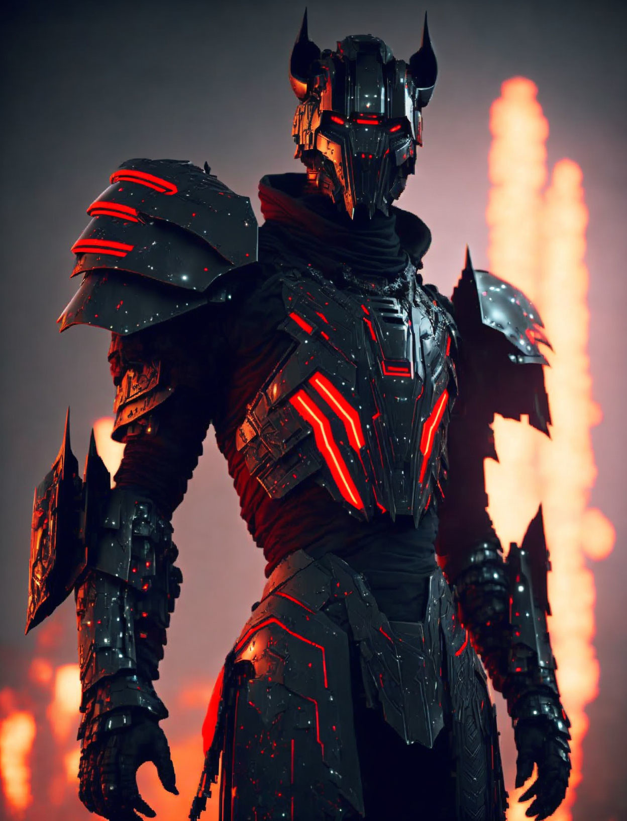 Menacing figure in futuristic armor with glowing red accents in front of fiery background