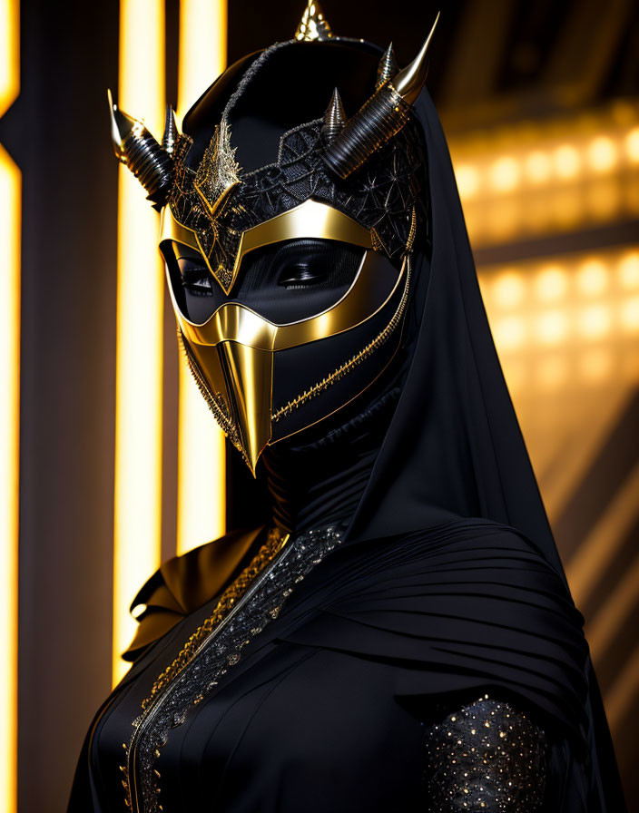 Black and Gold Outfit with Horned Mask on Geometric Background