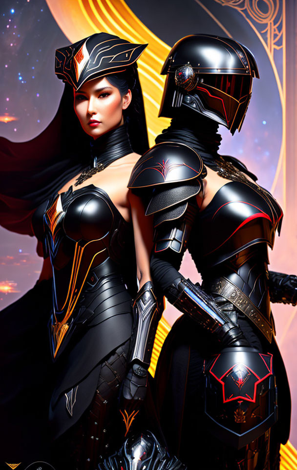 Futuristic black and red armored characters on ornate golden background