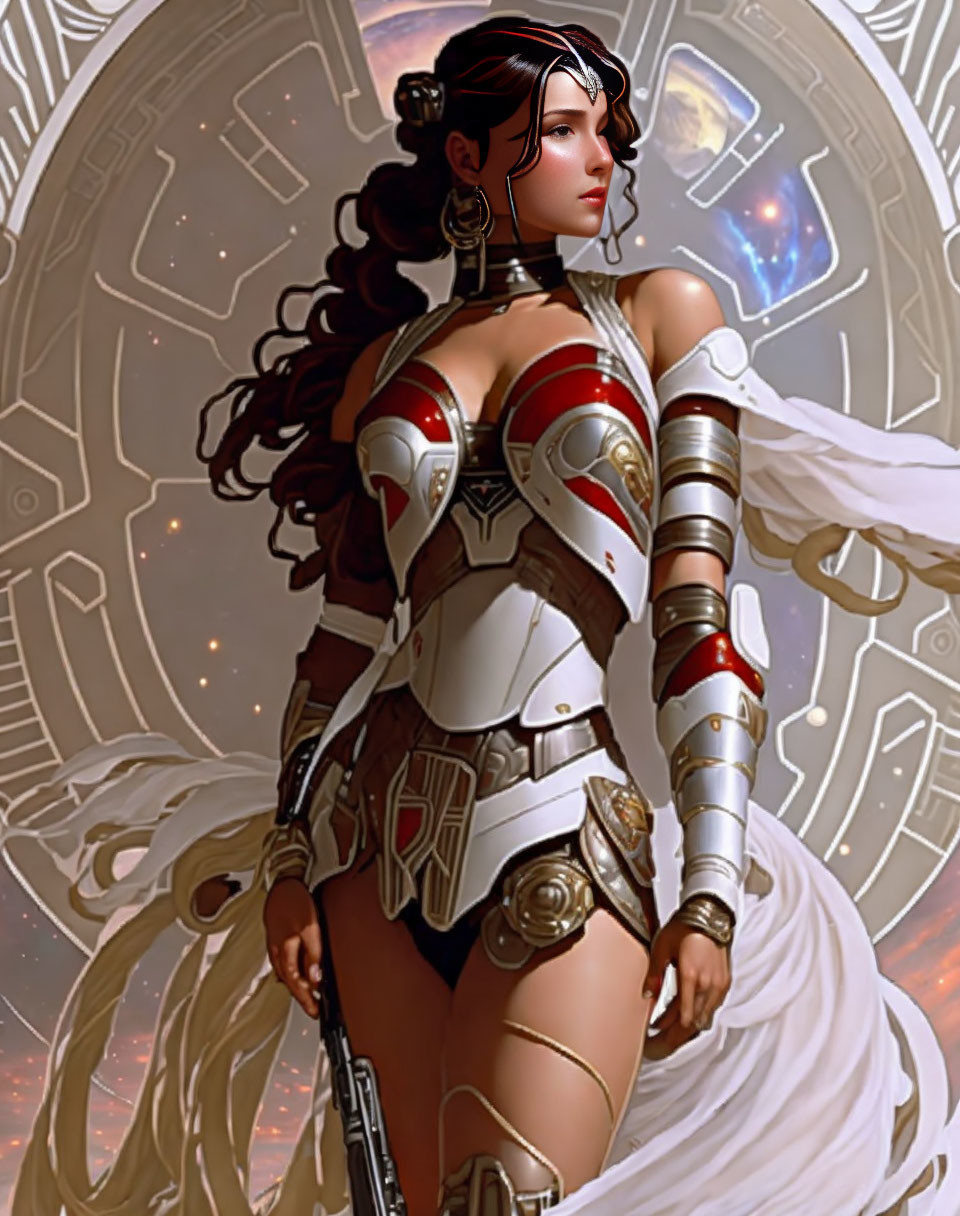 Futuristic warrior woman in armor with serene expression before intricate mechanical interface