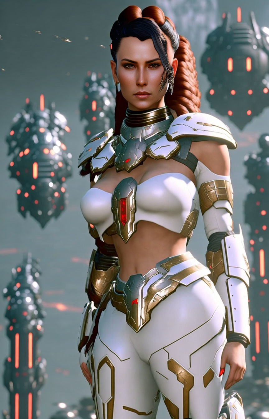 Brown-Haired Woman in Futuristic White and Gold Armor on Hexagonal Background