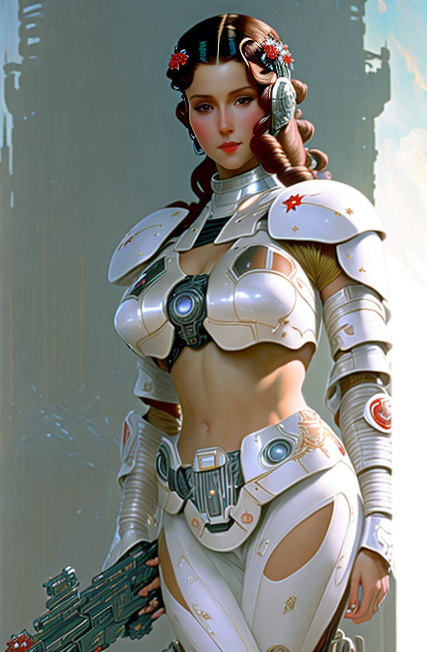 Female Android in White Armor Suit with Gun and Floral Hair Accessories