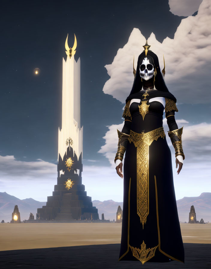 Character in black and gold attire at twilight with crescent moon