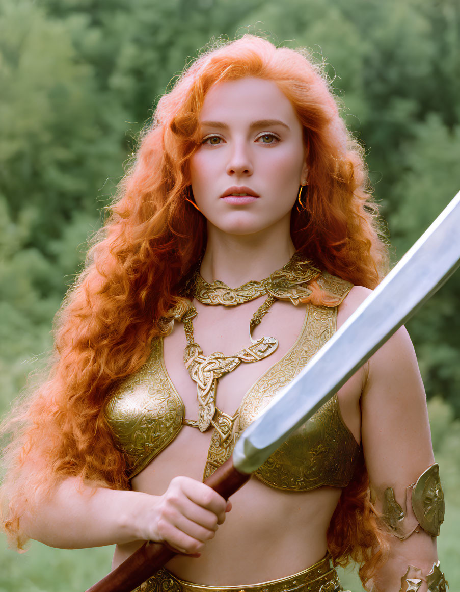 Red-haired woman in golden armor with sword against leafy backdrop