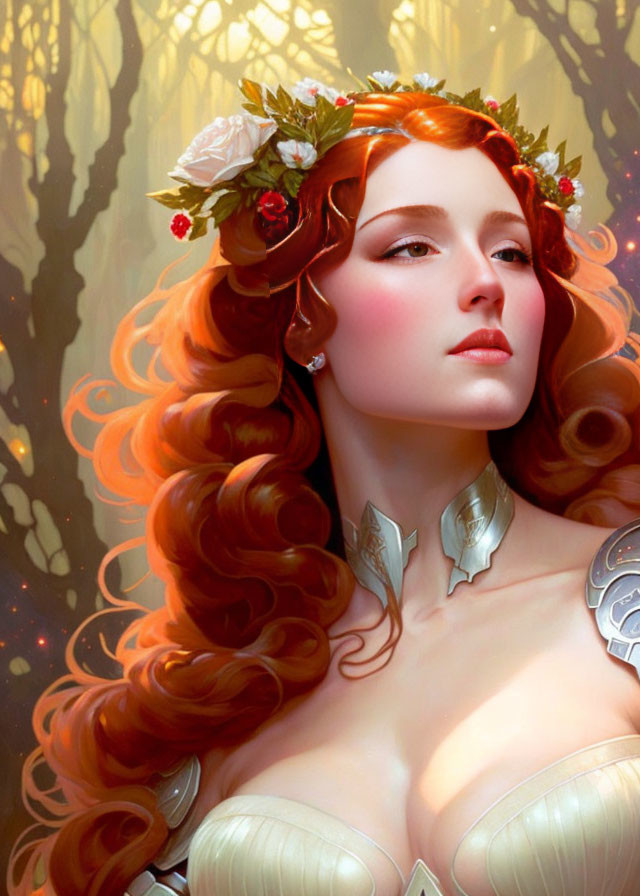 Red-haired woman in silver armor with floral wreath in sunlit woodland