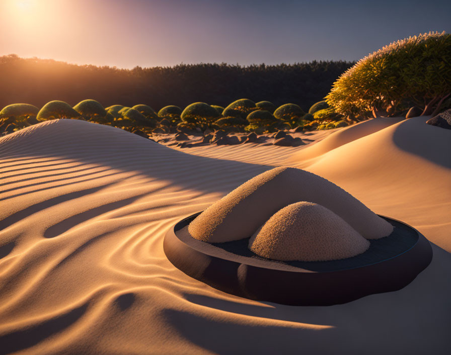 Fedora Hat Buried in Sand Dune at Sunset