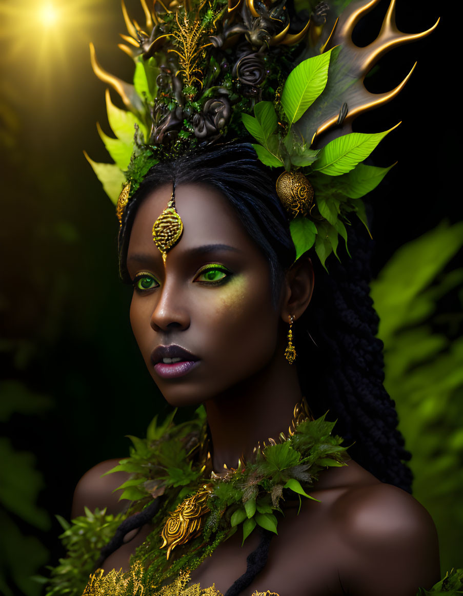 Woman with Green Makeup and Elaborate Headpiece in Dark Background