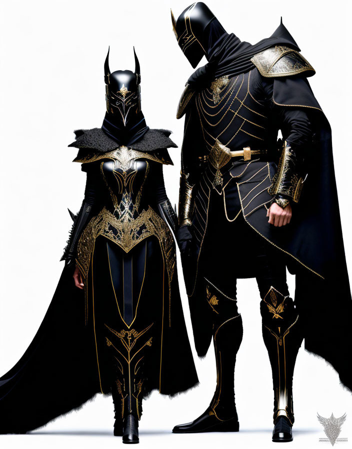 Ornate Black and Gold Costumed Characters with Helmets and Capes