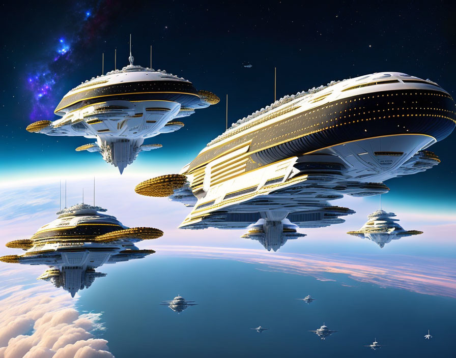 Futuristic spaceships hover over Earth with galaxy backdrop