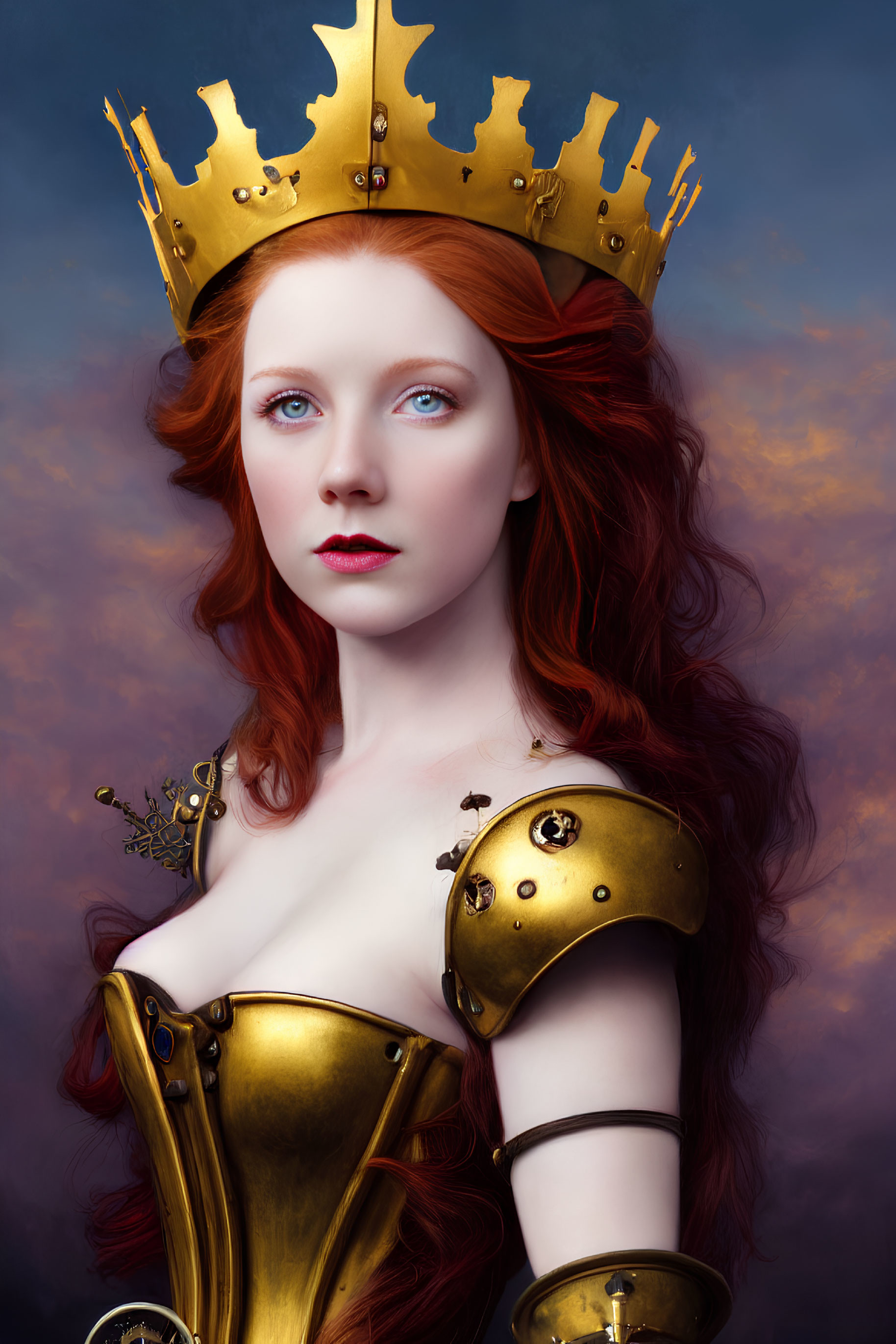 Portrait of woman with red hair in golden crown and armor against cloudy backdrop