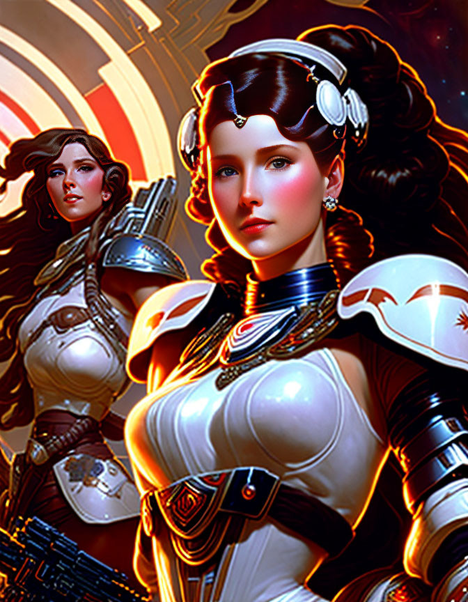 Futuristic female character in white and silver armor with brown hair and heroic pose on red and golden