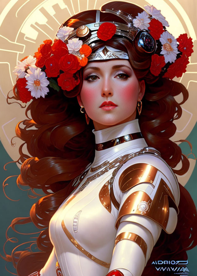 Futuristic digital art portrait of woman in white suit with floral headpiece