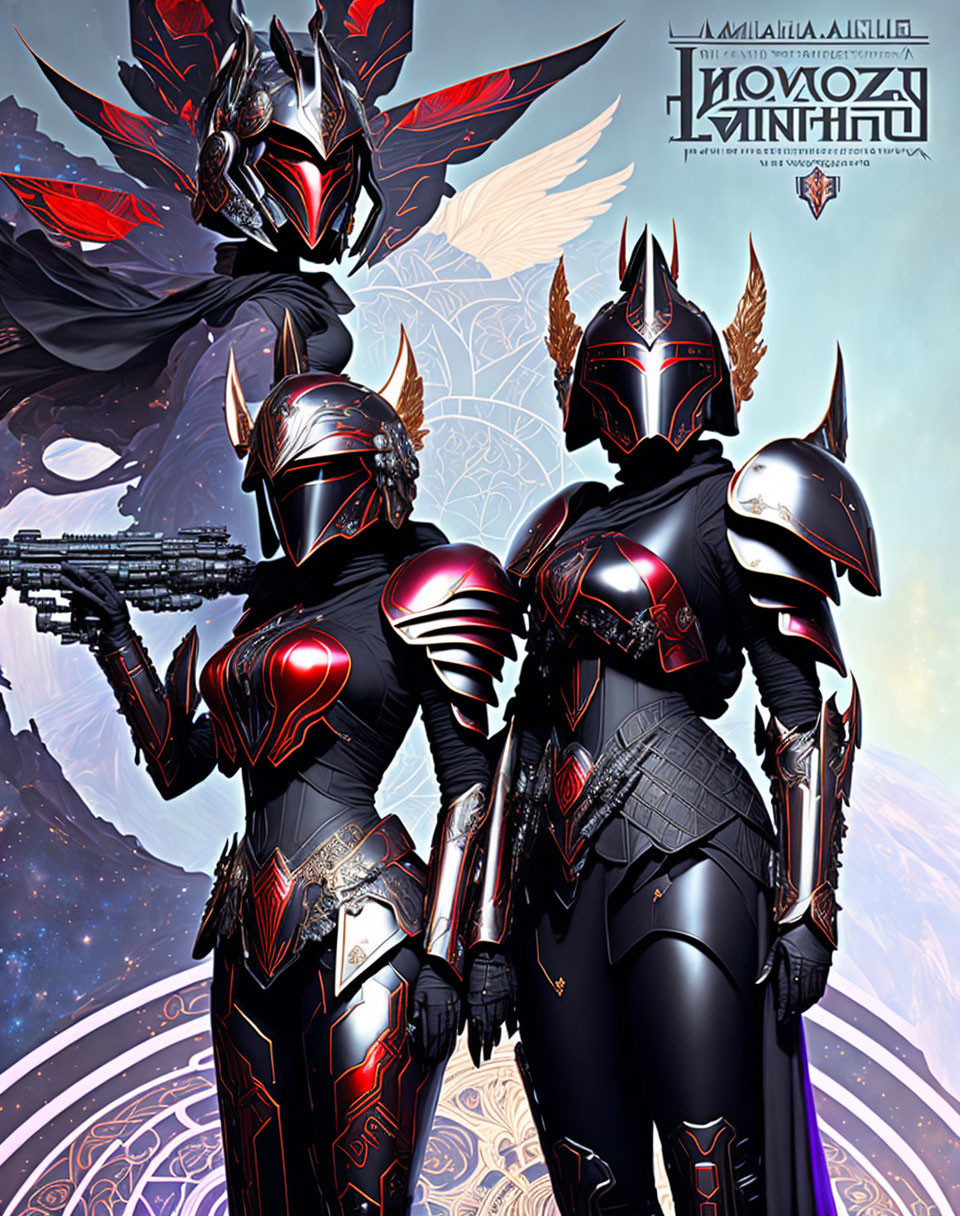 Three armored characters in futuristic medieval designs against cosmic backdrop