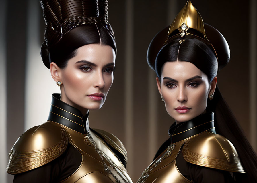 Two women in black and gold futuristic regal costumes with headdresses.