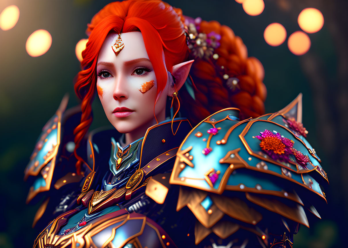 Detailed 3D illustration of female elf in red hair and fantasy armor in mystical forest