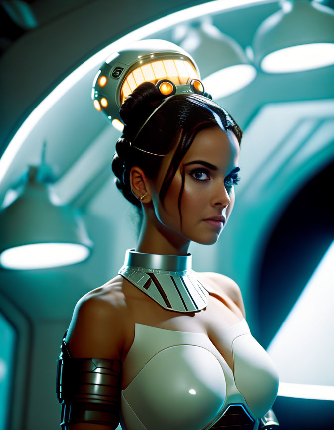 Futuristic woman in high-tech costume in sci-fi setting