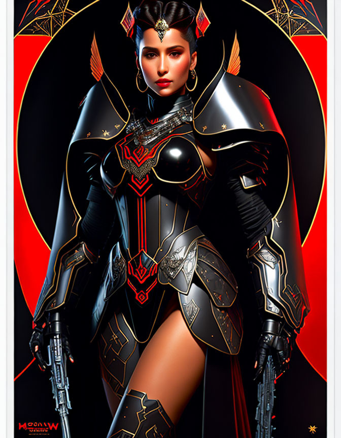 Futuristic black and gold armor woman art on red background