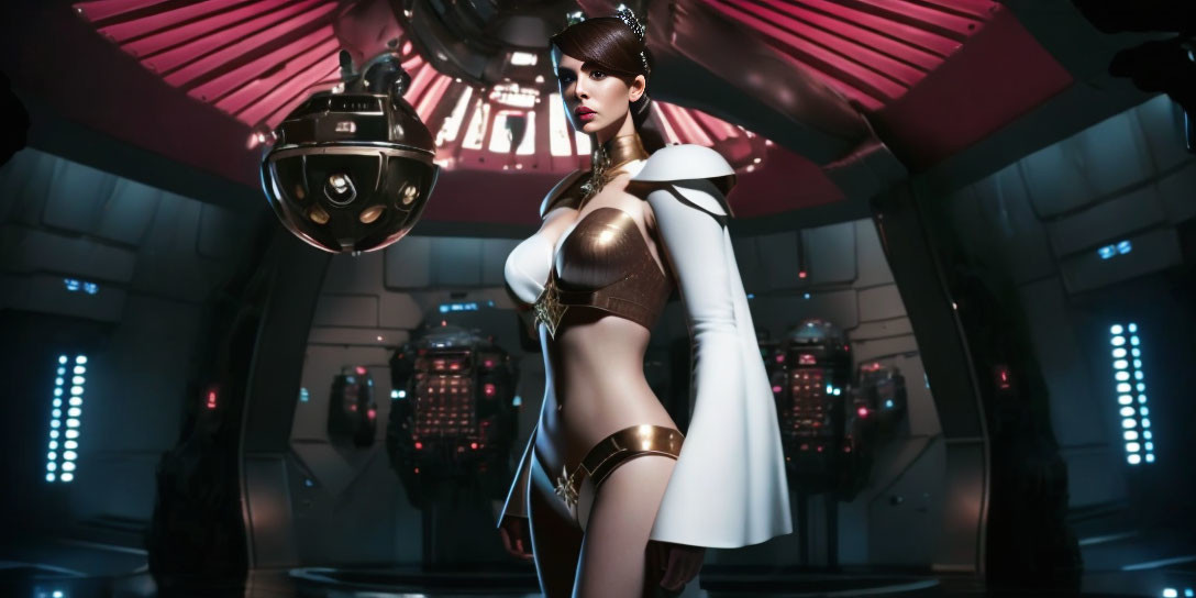 Futuristic woman in spaceship corridor with floating robot