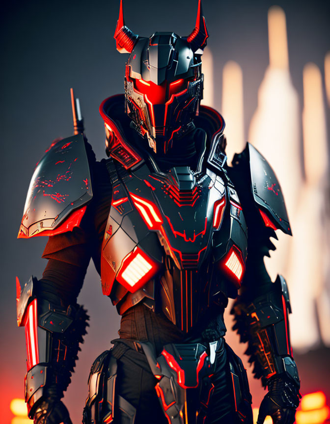 Futuristic knight in black and red armor with glowing elements and horns against city skyline.