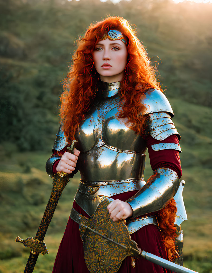 Red-haired woman in silver armor wields sword in sunny field