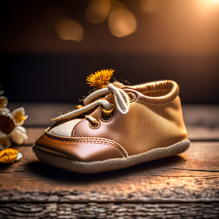 Toddler shoe with dandelion flowers on wooden surface