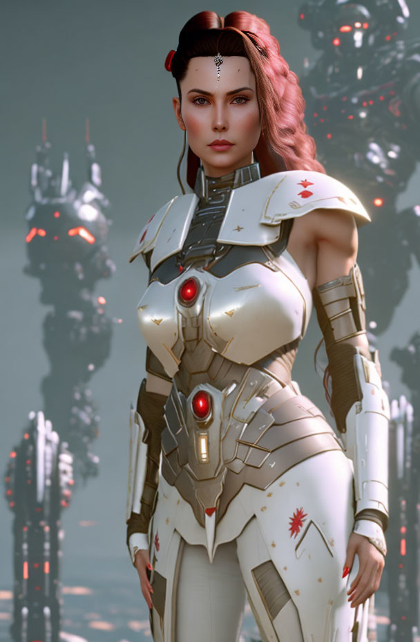 Red-haired woman in white futuristic armor with robotic background