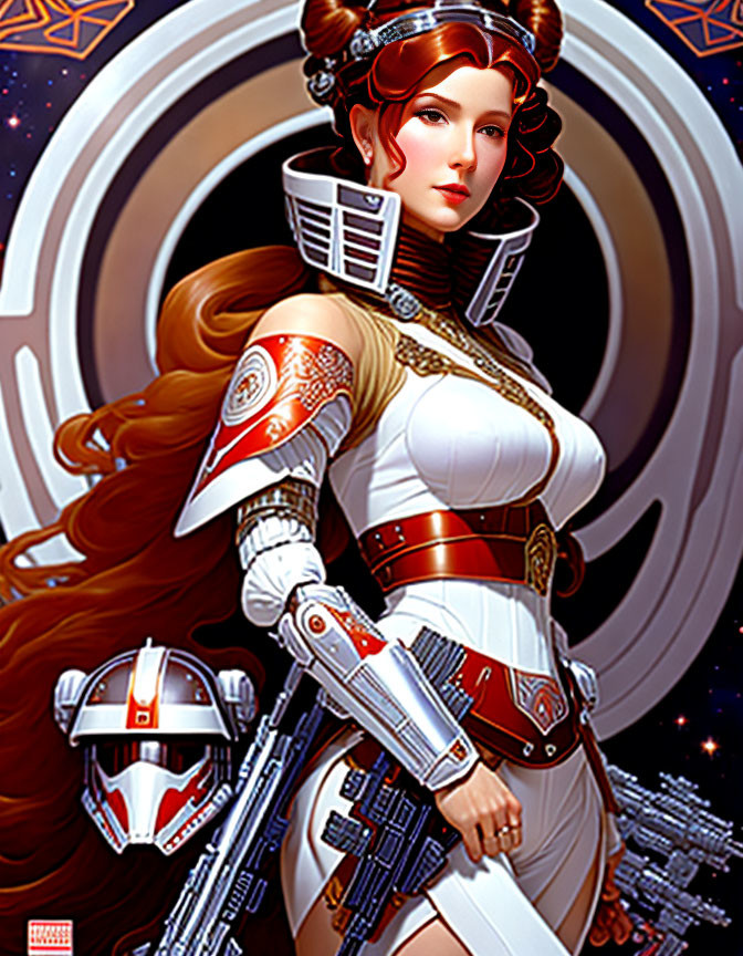 Futuristic white and red armor woman in cosmic setting