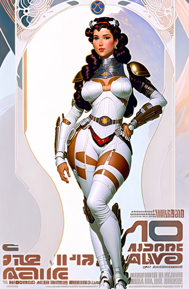 Futuristic female character in X-Men armor on ornate background