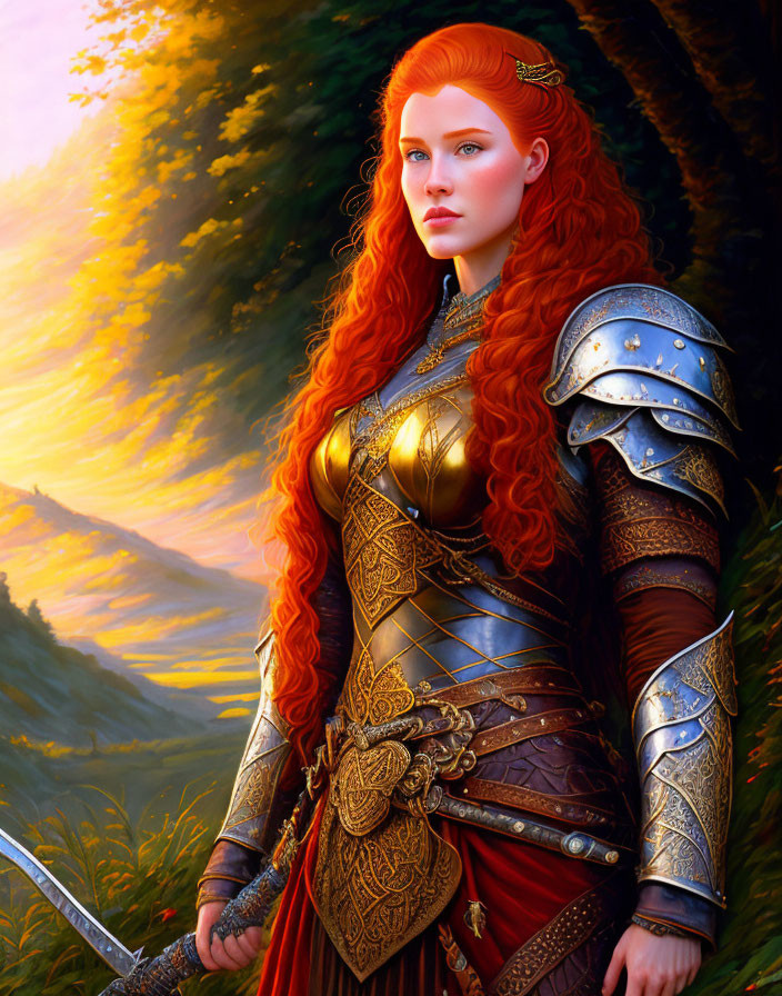 Red-haired female warrior in ornate armor with sword in hand against autumn forest backdrop