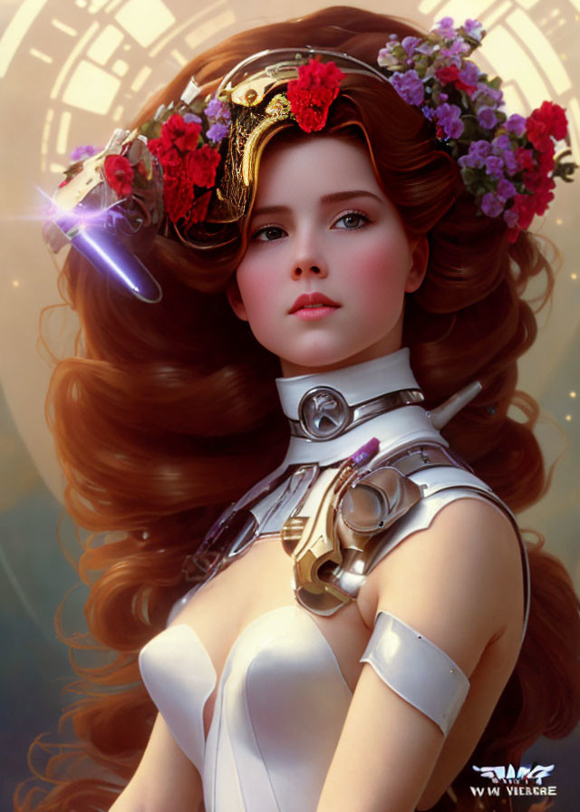 Futuristic woman portrait with red flower headpiece on clockwork background