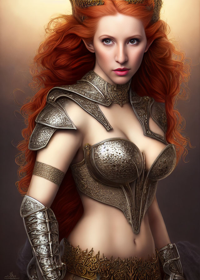 Digital artwork: Woman with fiery red hair in ornate silver armor