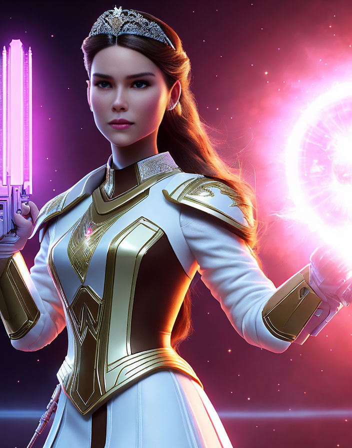 Futuristic digital artwork of woman in white and gold costume with light sword