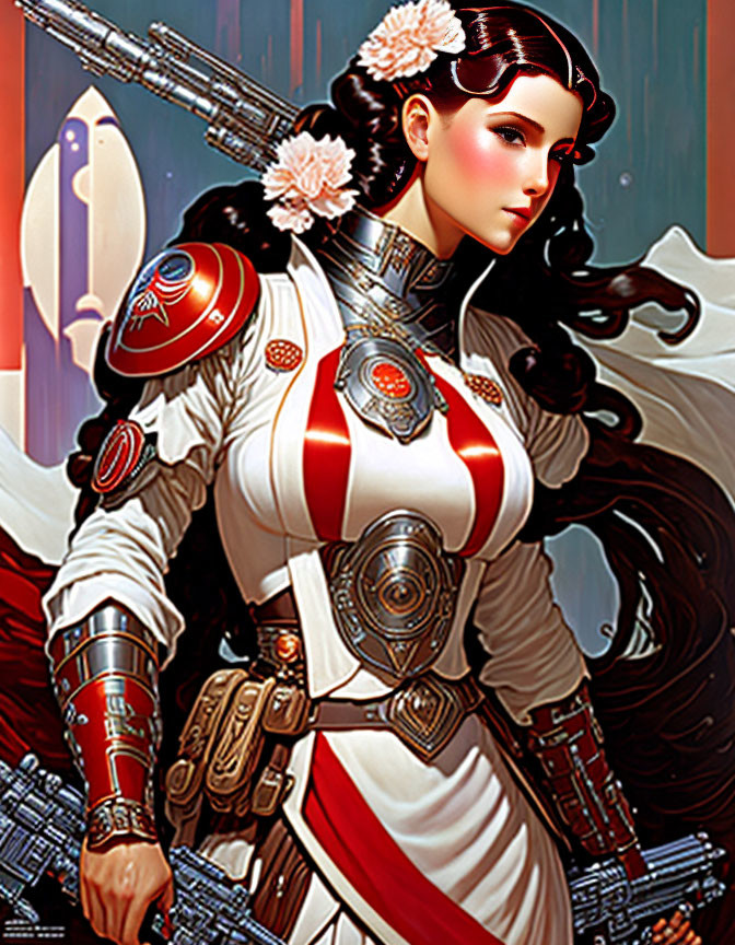 Futuristic woman in white and red armor with floral and mechanical details