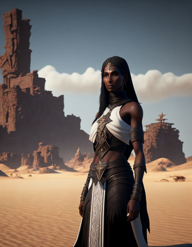 Fantasy desert warrior woman in metallic armor against sand dunes