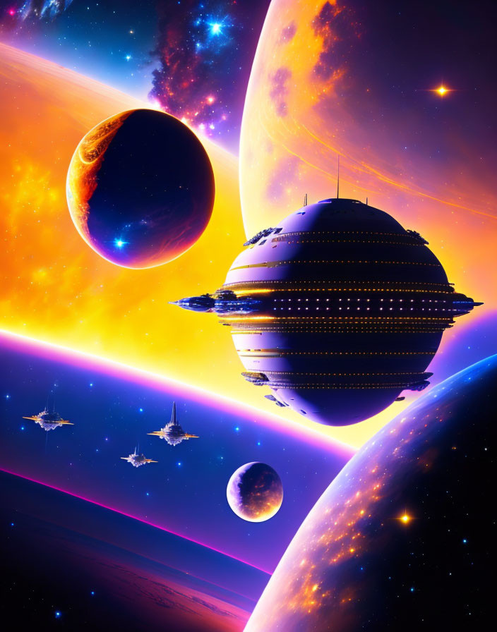 Colorful Sci-Fi Scene: Large Spaceship Fleet Amid Planets & Stars