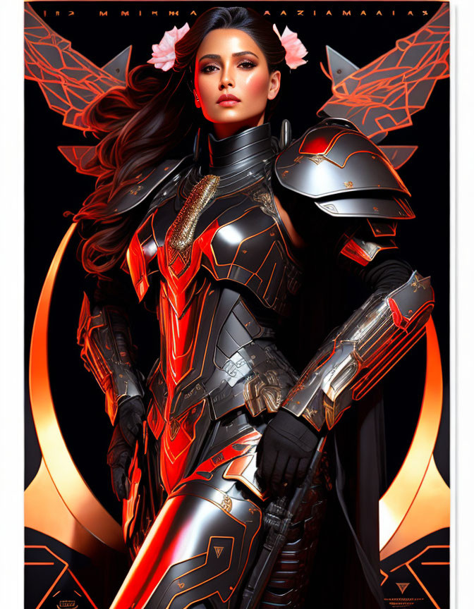 Futuristic woman in red and black armor with rifle and pink flowers