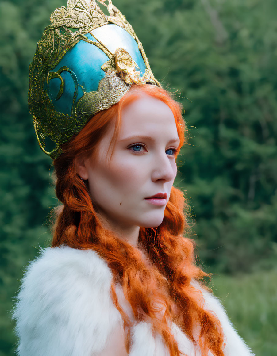 Red-haired person in golden crown with blue details against forest backdrop