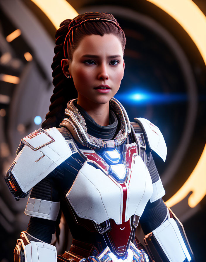 Futuristic female figure in white and red armor with glowing blue neckpiece in sci-fi corridor.