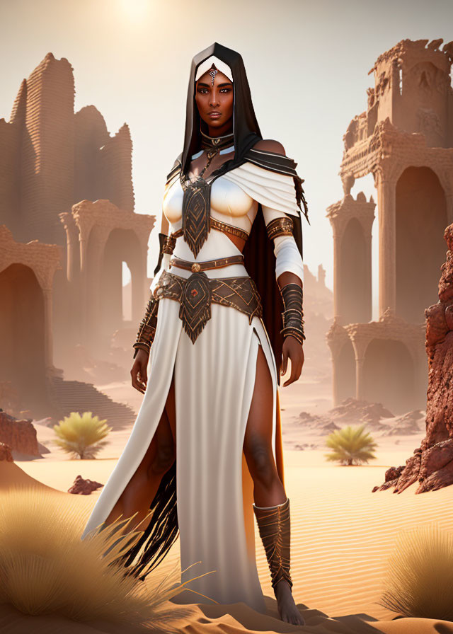 Regal warrior woman in white and gold outfit in desert ruins.