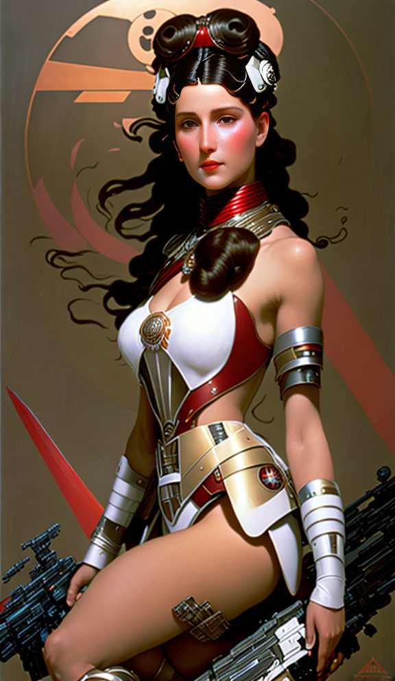 Futuristic female warrior in red and white costume with blaster on emblem backdrop