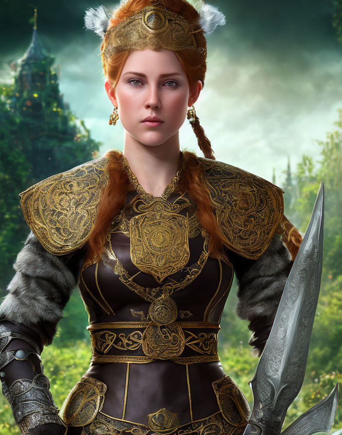 Regal woman in golden armor with red braided hair holding a silver sword