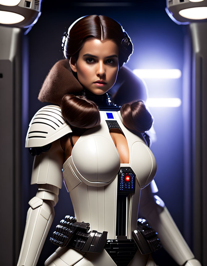 Sci-fi character in futuristic white armor with distinct hairstyle in space-themed setting