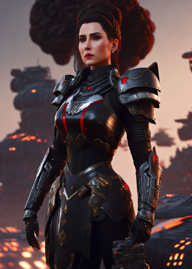 Futuristic woman in black and red armor with serious expression amidst industrial backdrop