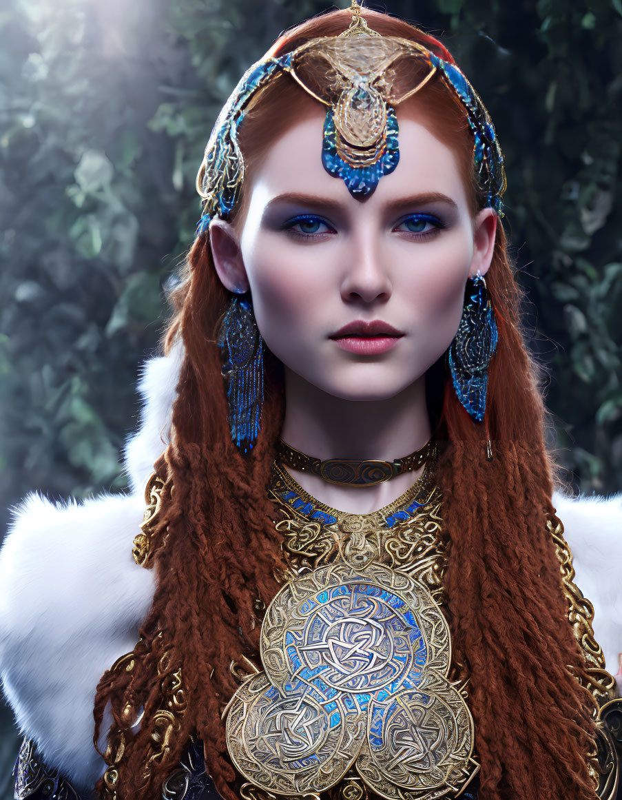 Woman with Blue Eyes and Red Hair in Ornate Jewelry in Mystical Forest